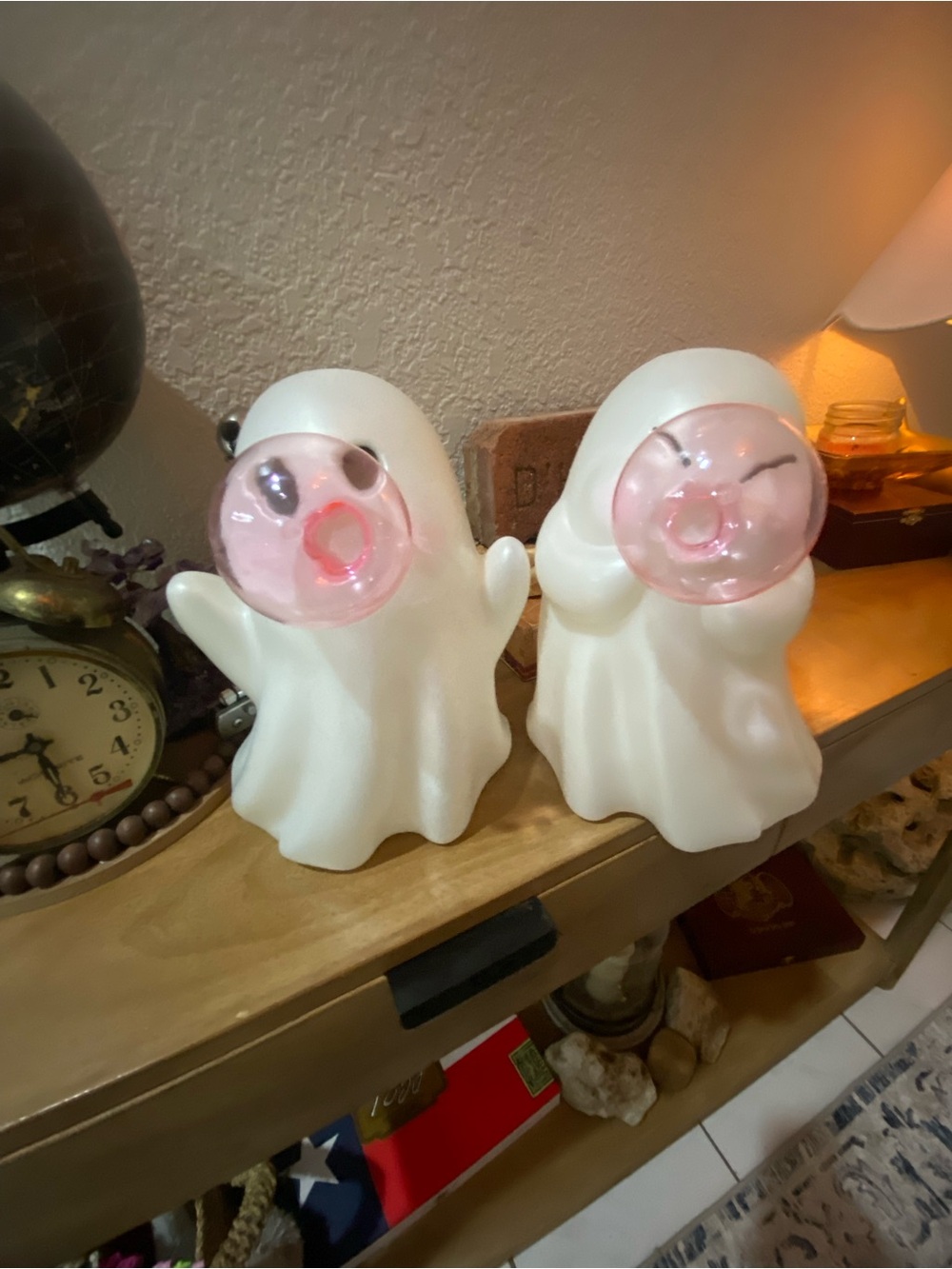 Cute White Ghost Figurines with Pink bubbles (Pair)